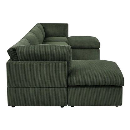 U-Shape Sectional Sofa: 129" Wide Reversible Modular Corner Sectional with Ottoman(Green Corduroy)