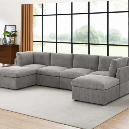 U-Shape Sectional Sofa: 129" Wide Reversible Modular Corner Sectional with Ottoman(Light Gray Corduroy)
