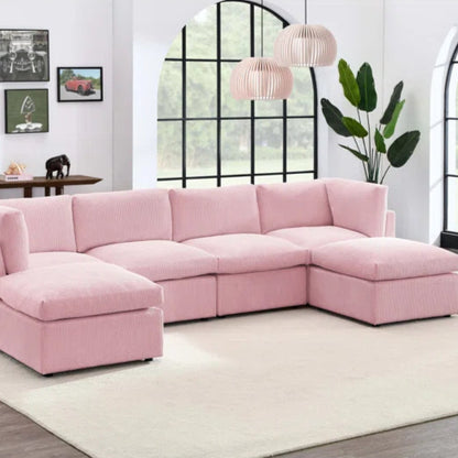 U-Shape Sectional Sofa: 129" Wide Reversible Modular Corner Sectional with Ottoman(Pink Corduroy)