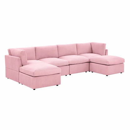 U-Shape Sectional Sofa: 129" Wide Reversible Modular Corner Sectional with Ottoman(Pink Corduroy)