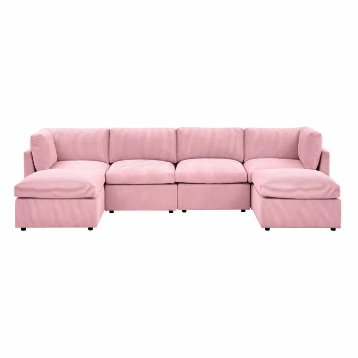 U-Shape Sectional Sofa: 129" Wide Reversible Modular Corner Sectional with Ottoman(Pink Corduroy)