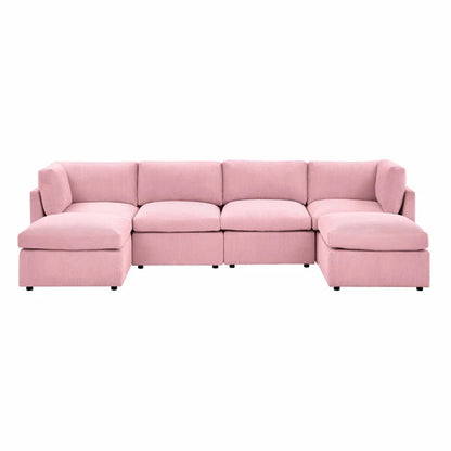 U-Shape Sectional Sofa: 129" Wide Reversible Modular Corner Sectional with Ottoman(Pink Corduroy)