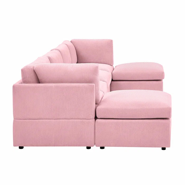 U-Shape Sectional Sofa: 129" Wide Reversible Modular Corner Sectional with Ottoman(Pink Corduroy)