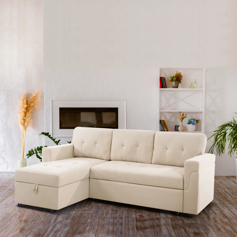 L-Shape Sectional Sofa: Reversible Sleeper Sofa with Hidden Storage & Pull-Out(Beige Velvet)