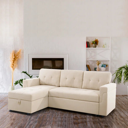 L-Shape Sectional Sofa: Reversible Sleeper Sofa with Hidden Storage & Pull-Out(Beige Velvet)