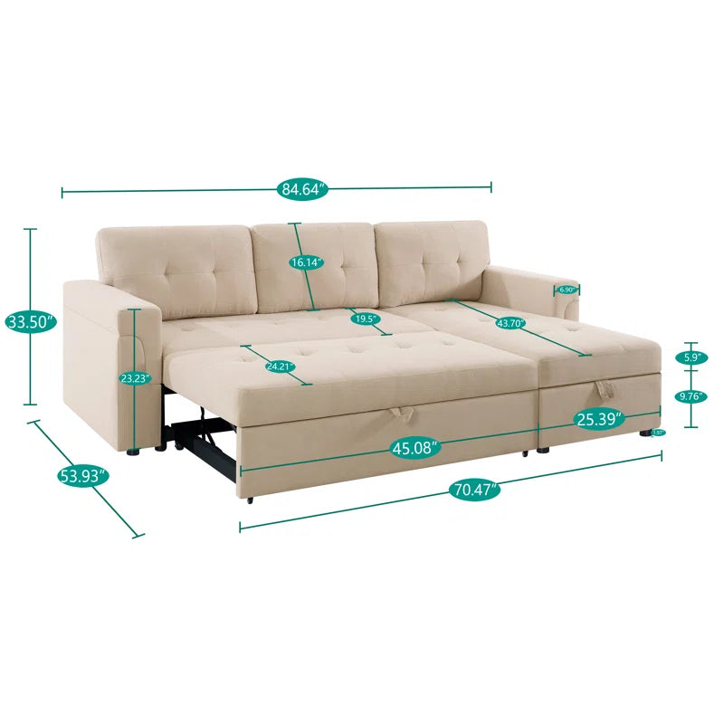 L-Shape Sectional Sofa: Reversible Sleeper Sofa with Hidden Storage & Pull-Out(Beige Velvet)