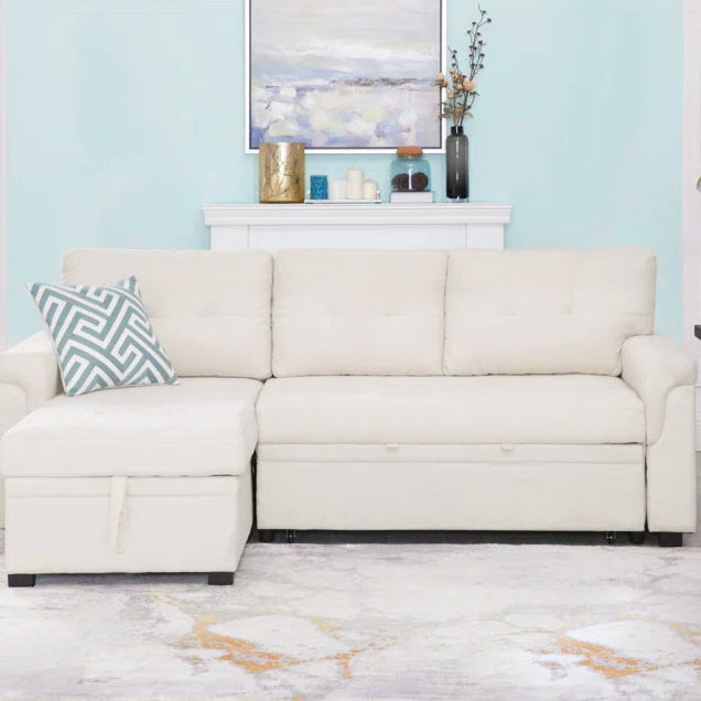 L-Shape Sectional Sofa: Reversible Sleeper Sofa with Hidden Storage & Pull-Out(Cream Velvet)