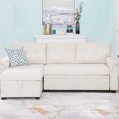 L-Shape Sectional Sofa: Reversible Sleeper Sofa with Hidden Storage & Pull-Out(Cream Velvet)