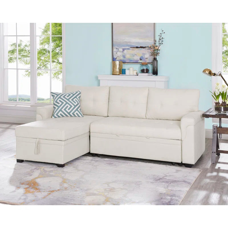 L-Shape Sectional Sofa: Reversible Sleeper Sofa with Hidden Storage & Pull-Out(Cream Velvet)