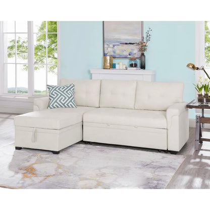 L-Shape Sectional Sofa: Reversible Sleeper Sofa with Hidden Storage & Pull-Out(Cream Velvet)