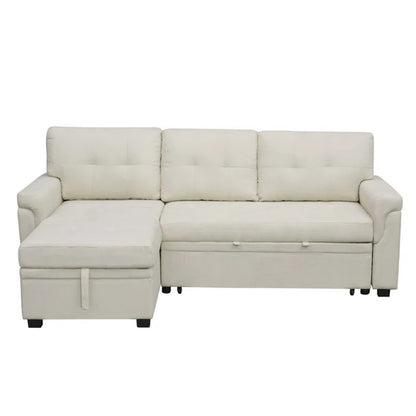 L-Shape Sectional Sofa: Reversible Sleeper Sofa with Hidden Storage & Pull-Out(Cream Velvet)