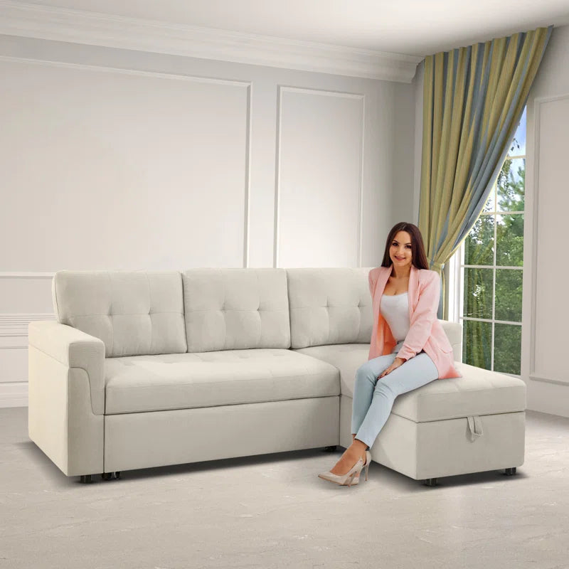 L-Shape Sectional Sofa: Reversible Sleeper Sofa with Hidden Storage & Pull-Out(Cream Velvet)