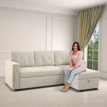 L-Shape Sectional Sofa: Reversible Sleeper Sofa with Hidden Storage & Pull-Out(Cream Velvet)