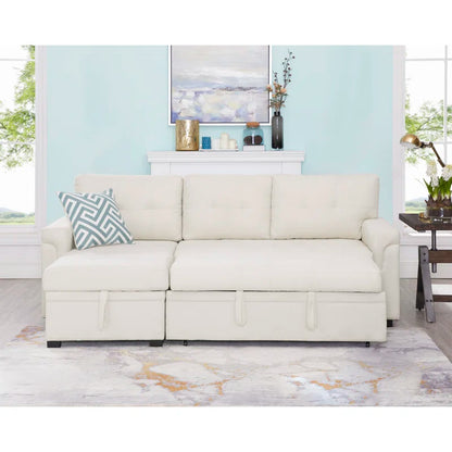 L-Shape Sectional Sofa: Reversible Sleeper Sofa with Hidden Storage & Pull-Out(Cream Velvet)