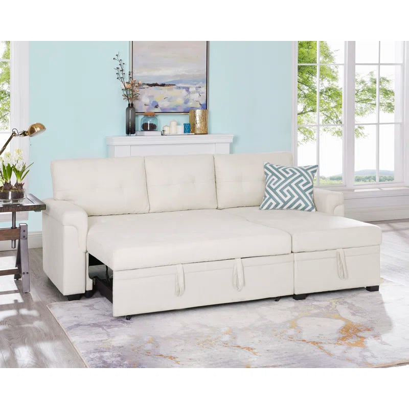 L-Shape Sectional Sofa: Reversible Sleeper Sofa with Hidden Storage & Pull-Out(Cream Velvet)