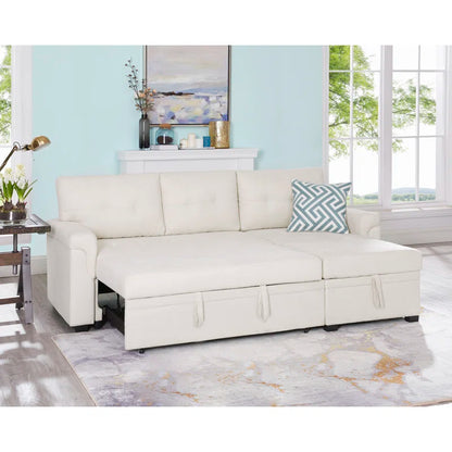 L-Shape Sectional Sofa: Reversible Sleeper Sofa with Hidden Storage & Pull-Out(Cream Velvet)