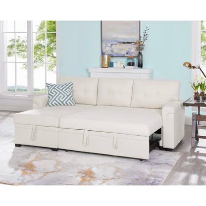 L-Shape Sectional Sofa: Reversible Sleeper Sofa with Hidden Storage & Pull-Out(Cream Velvet)