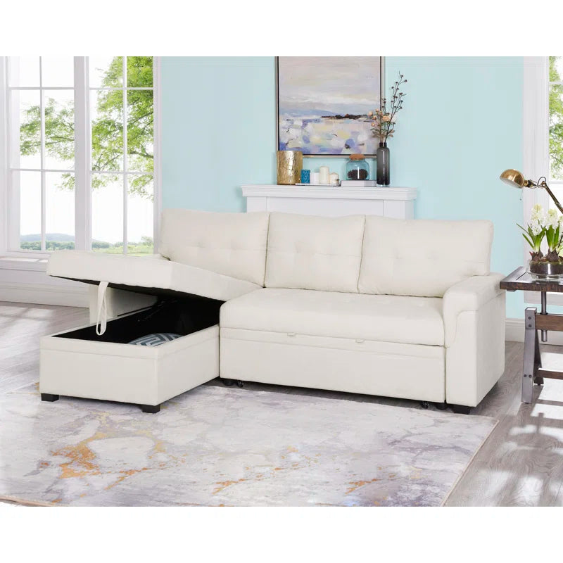 L-Shape Sectional Sofa: Reversible Sleeper Sofa with Hidden Storage & Pull-Out(Cream Velvet)