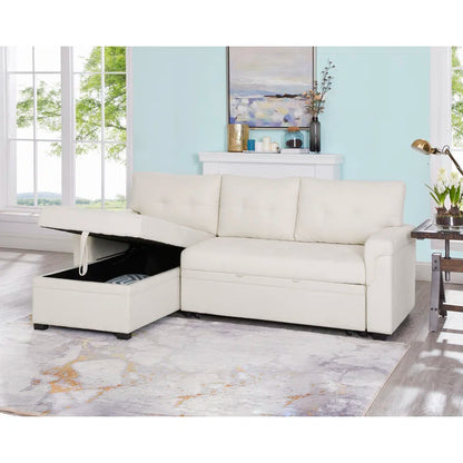 L-Shape Sectional Sofa: Reversible Sleeper Sofa with Hidden Storage & Pull-Out(Cream Velvet)