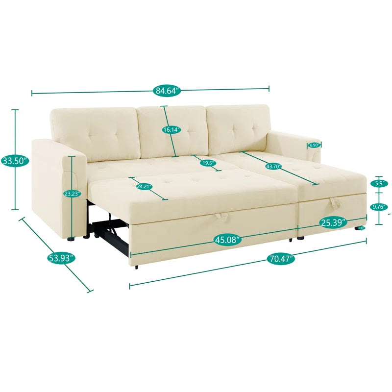 L-Shape Sectional Sofa: Reversible Sleeper Sofa with Hidden Storage & Pull-Out(Cream Velvet)