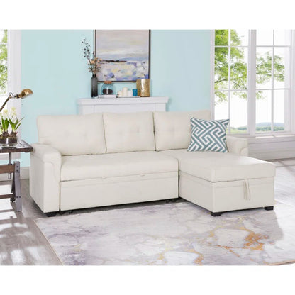L-Shape Sectional Sofa: Reversible Sleeper Sofa with Hidden Storage & Pull-Out(Cream Velvet)