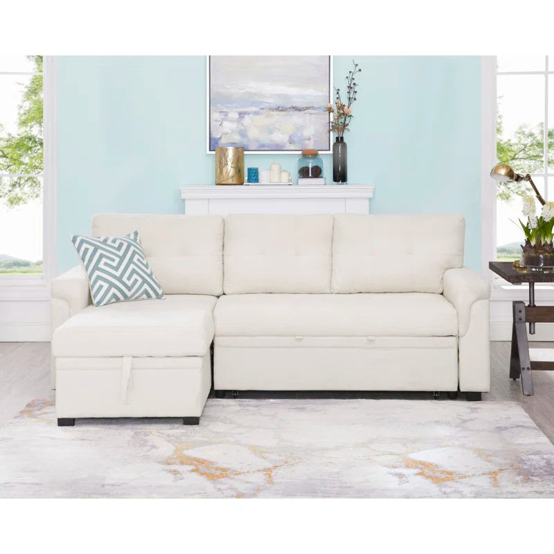 L-Shape Sectional Sofa: Reversible Sleeper Sofa with Hidden Storage & Pull-Out(Cream Velvet)
