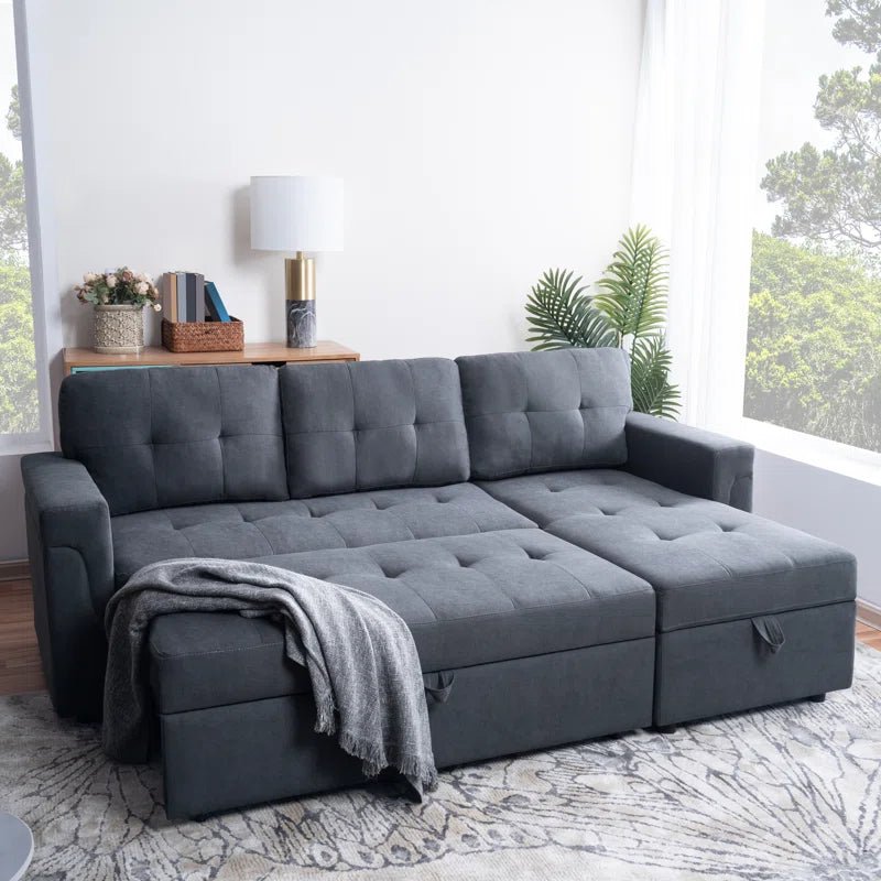 L-Shape Sectional Sofa: Reversible Sleeper Sofa with Hidden Storage & Pull-Out(Dark Gray Velvet)