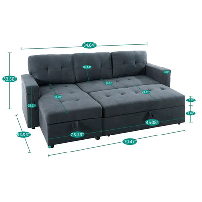 L-Shape Sectional Sofa: Reversible Sleeper Sofa with Hidden Storage & Pull-Out(Dark Gray Velvet)