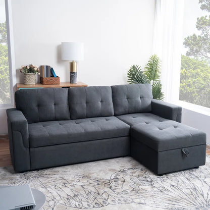 L-Shape Sectional Sofa: Reversible Sleeper Sofa with Hidden Storage & Pull-Out(Dark Gray Velvet)