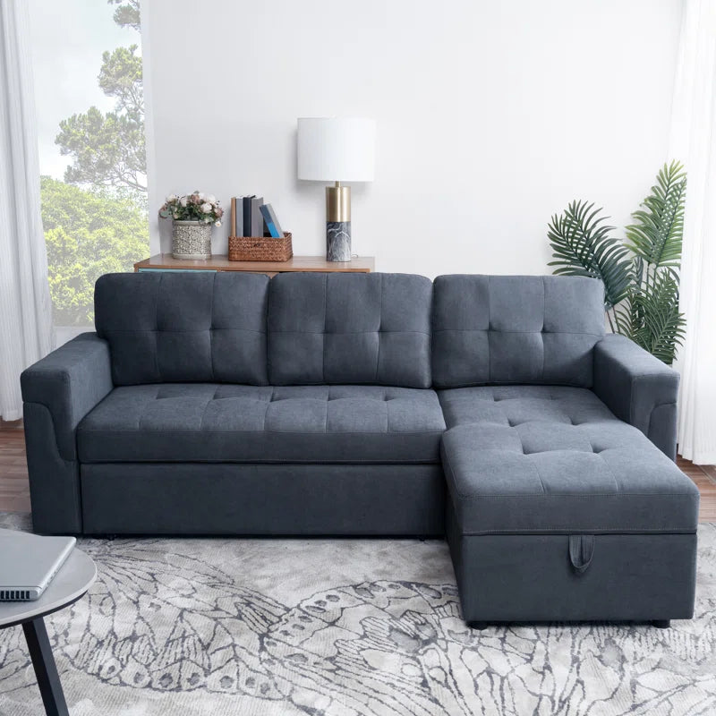 L-Shape Sectional Sofa: Reversible Sleeper Sofa with Hidden Storage & Pull-Out(Dark Gray Velvet)