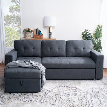 L-Shape Sectional Sofa: Reversible Sleeper Sofa with Hidden Storage & Pull-Out(Dark Gray Velvet)