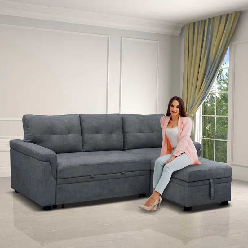 L-Shape Sectional Sofa: Reversible Sleeper Sofa with Hidden Storage & Pull-Out(Dark Gray Velvet)