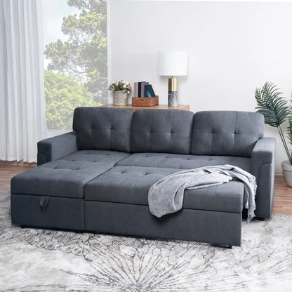 L-Shape Sectional Sofa: Reversible Sleeper Sofa with Hidden Storage & Pull-Out(Dark Gray Velvet)