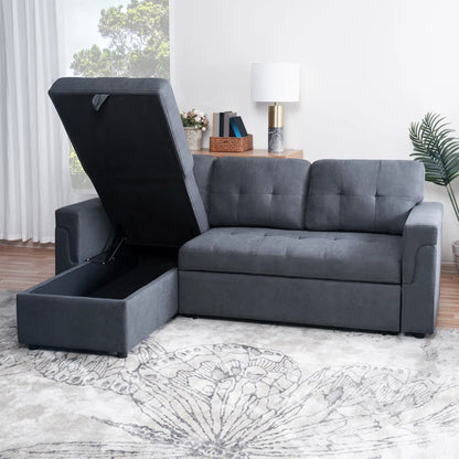L-Shape Sectional Sofa: Reversible Sleeper Sofa with Hidden Storage & Pull-Out(Dark Gray Velvet)