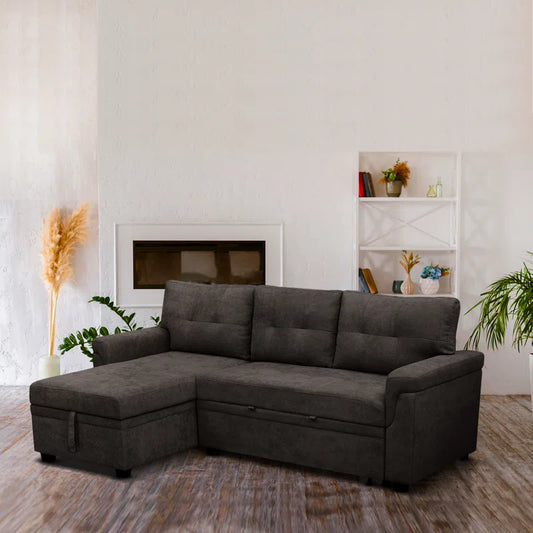 L-Shape Sectional Sofa: Reversible Sleeper Sofa with Hidden Storage & Pull-Out(Espresso Velvet)