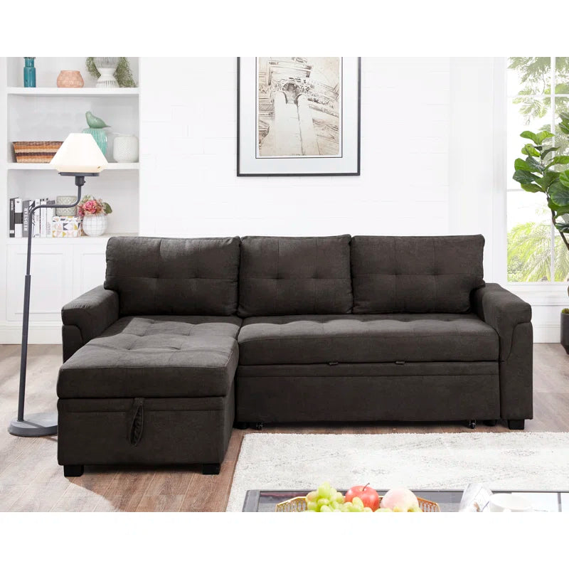L-Shape Sectional Sofa: Reversible Sleeper Sofa with Hidden Storage & Pull-Out(Espresso Velvet)