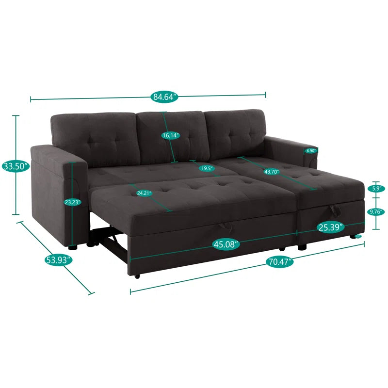 L-Shape Sectional Sofa: Reversible Sleeper Sofa with Hidden Storage & Pull-Out(Espresso Velvet)