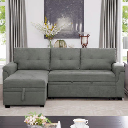 L-Shape Sectional Sofa: Reversible Sleeper Sofa with Hidden Storage & Pull-Out(Gray Velvet)