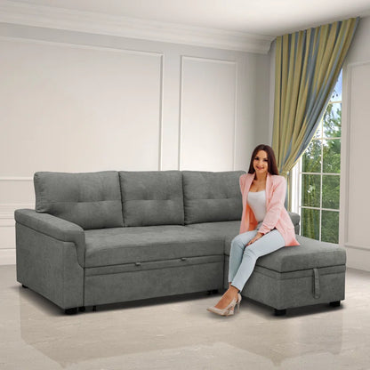 L-Shape Sectional Sofa: Reversible Sleeper Sofa with Hidden Storage & Pull-Out(Gray Velvet)