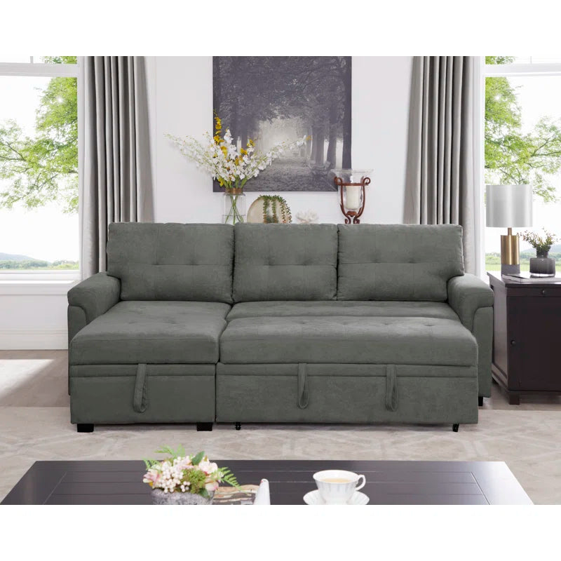 L-Shape Sectional Sofa: Reversible Sleeper Sofa with Hidden Storage & Pull-Out(Gray Velvet)
