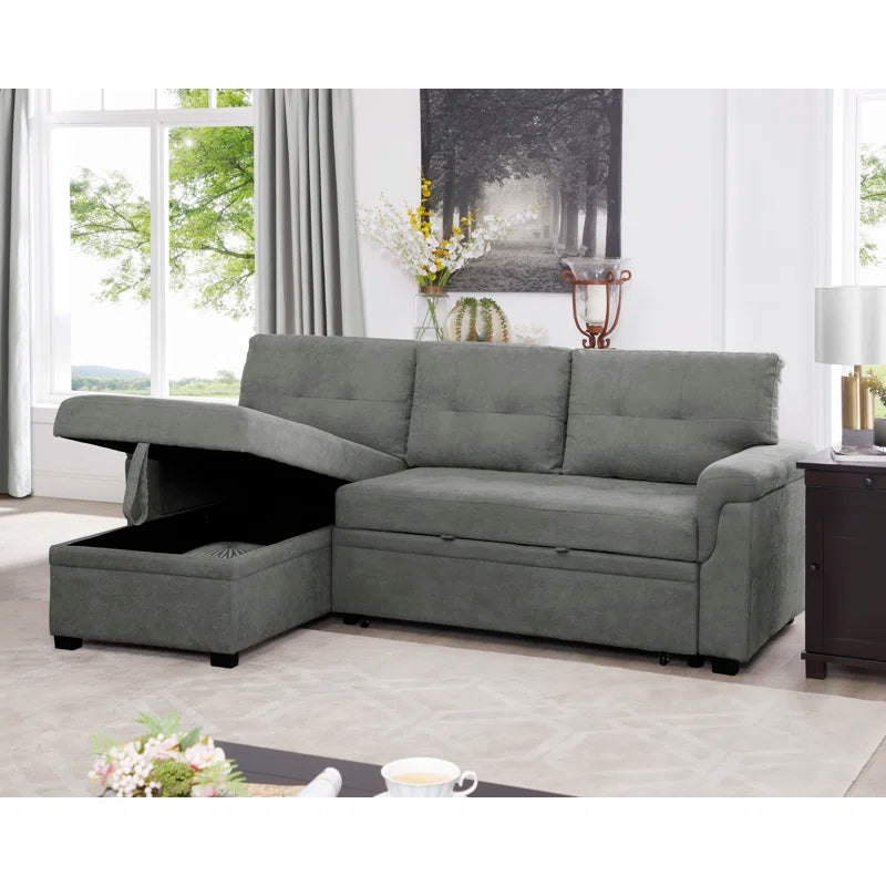 L-Shape Sectional Sofa: Reversible Sleeper Sofa with Hidden Storage & Pull-Out(Gray Velvet)