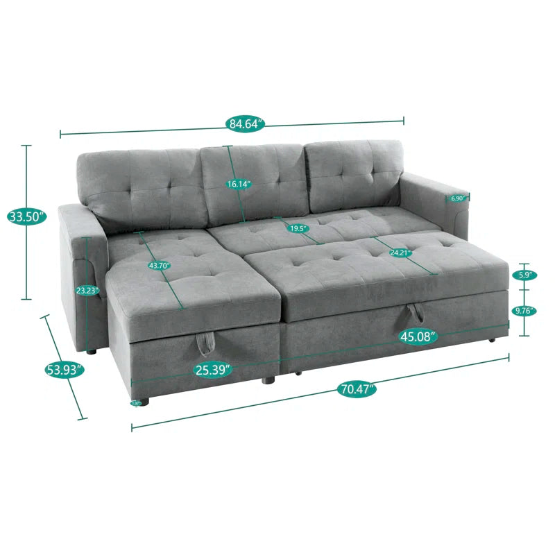 L-Shape Sectional Sofa: Reversible Sleeper Sofa with Hidden Storage & Pull-Out(Gray Velvet)