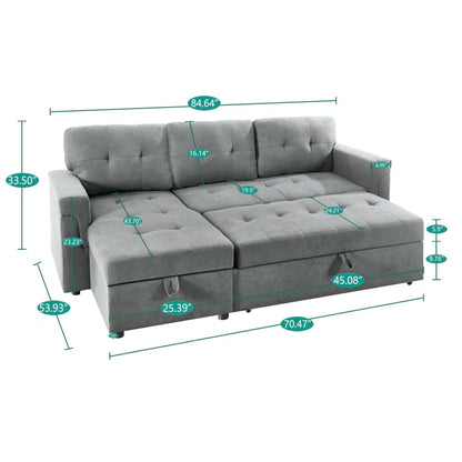 L-Shape Sectional Sofa: Reversible Sleeper Sofa with Hidden Storage & Pull-Out(Gray Velvet)