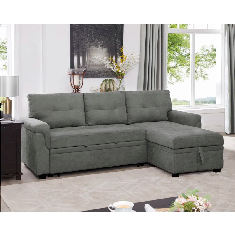 L-Shape Sectional Sofa: Reversible Sleeper Sofa with Hidden Storage & Pull-Out(Gray Velvet)