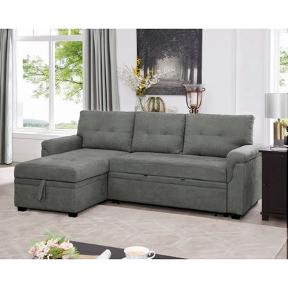 L-Shape Sectional Sofa: Reversible Sleeper Sofa with Hidden Storage & Pull-Out(Gray Velvet)
