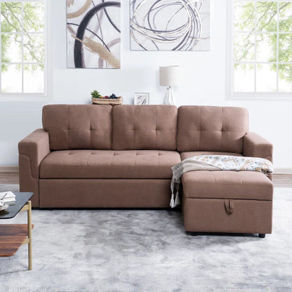 L-Shape Sectional Sofa: Reversible Sleeper Sofa with Hidden Storage & Pull-Out(Mocha Velvet)