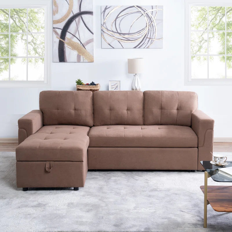 L-Shape Sectional Sofa: Reversible Sleeper Sofa with Hidden Storage & Pull-Out(Mocha Velvet)