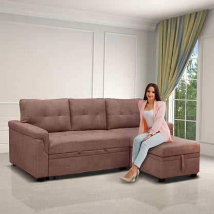 L-Shape Sectional Sofa: Reversible Sleeper Sofa with Hidden Storage & Pull-Out(Mocha Velvet)