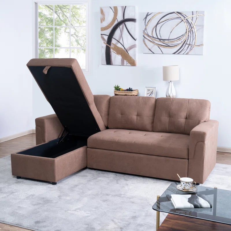 L-Shape Sectional Sofa: Reversible Sleeper Sofa with Hidden Storage & Pull-Out(Mocha Velvet)