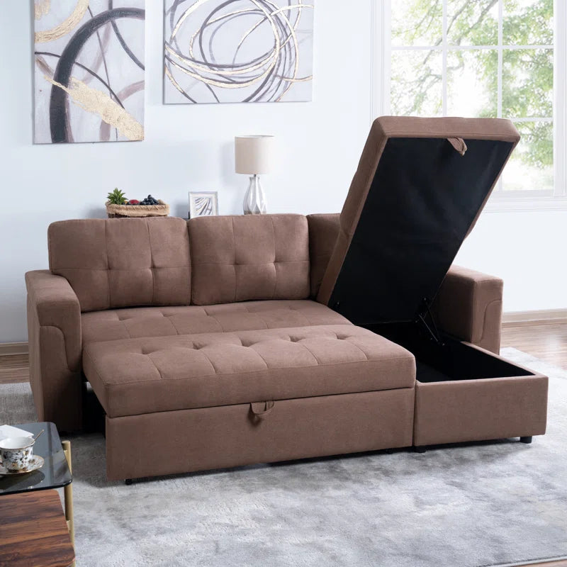 L-Shape Sectional Sofa: Reversible Sleeper Sofa with Hidden Storage & Pull-Out(Mocha Velvet)